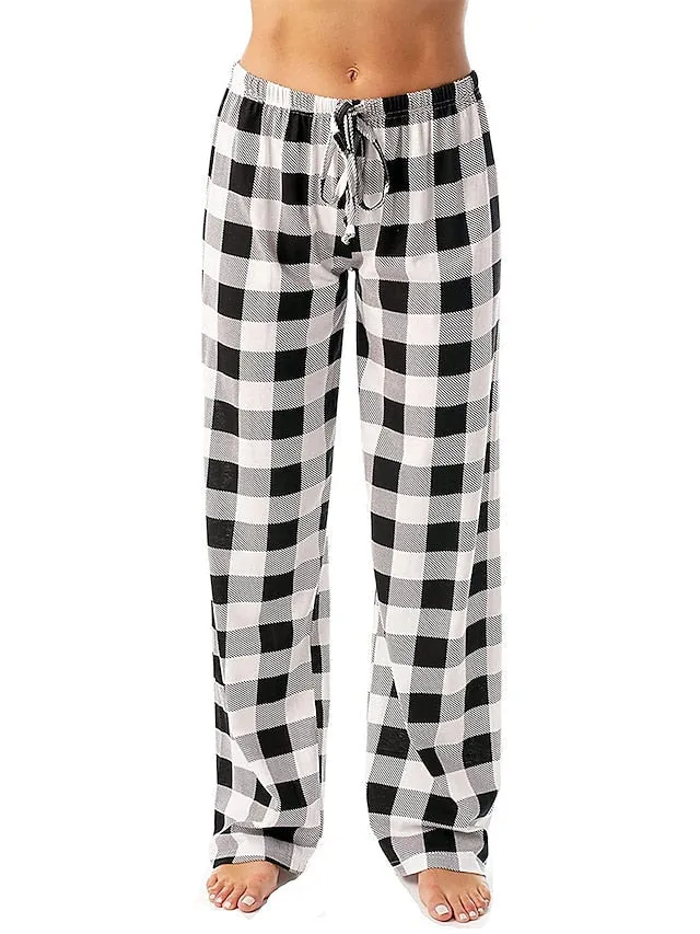 White and Pink Women's Flannel Grid/Plaid Pajama Bottoms with Adjustable Waist