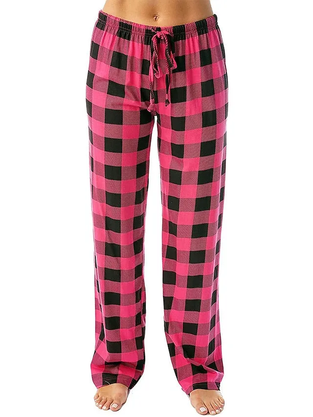 White and Pink Women's Flannel Grid/Plaid Pajama Bottoms with Adjustable Waist