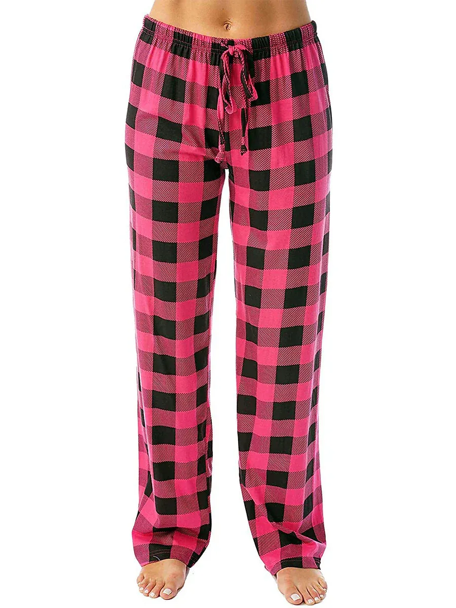 White and Pink Women's Flannel Grid/Plaid Pajama Bottoms with Adjustable Waist