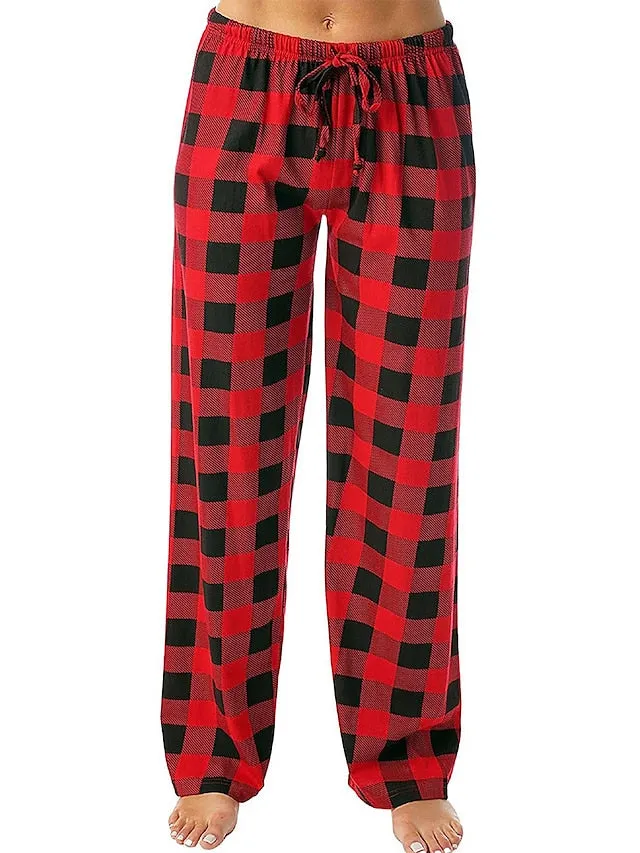 White and Pink Women's Flannel Grid/Plaid Pajama Bottoms with Adjustable Waist