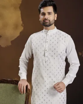 White Designer Gold Butti Cotton Men Kurta Pajama