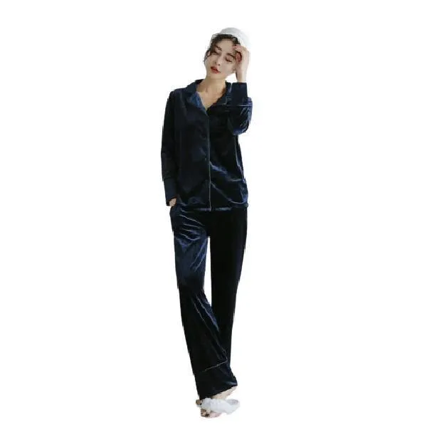 Winter Velvet Long Sleeved Shirt Pajama Set Homewear Pure Color Button Sleepwear For Women