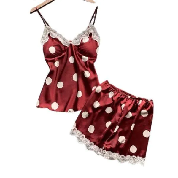 Women Lace Silk Print Camisole Shorts Bow Set Sleepwear