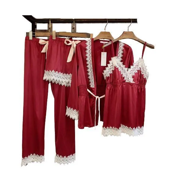 Women Sleepwear 4 Pieces Elegant Silk Pajama Set For Women