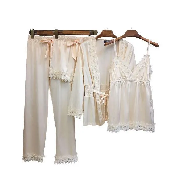 Women Sleepwear 4 Pieces Elegant Silk Pajama Set For Women