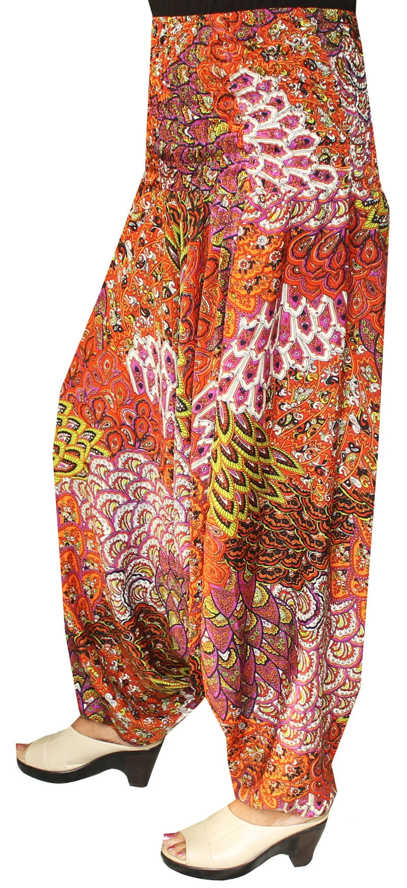 Womens Smocked Waist Hippie Moss Crepe Harem Pants (Orange)