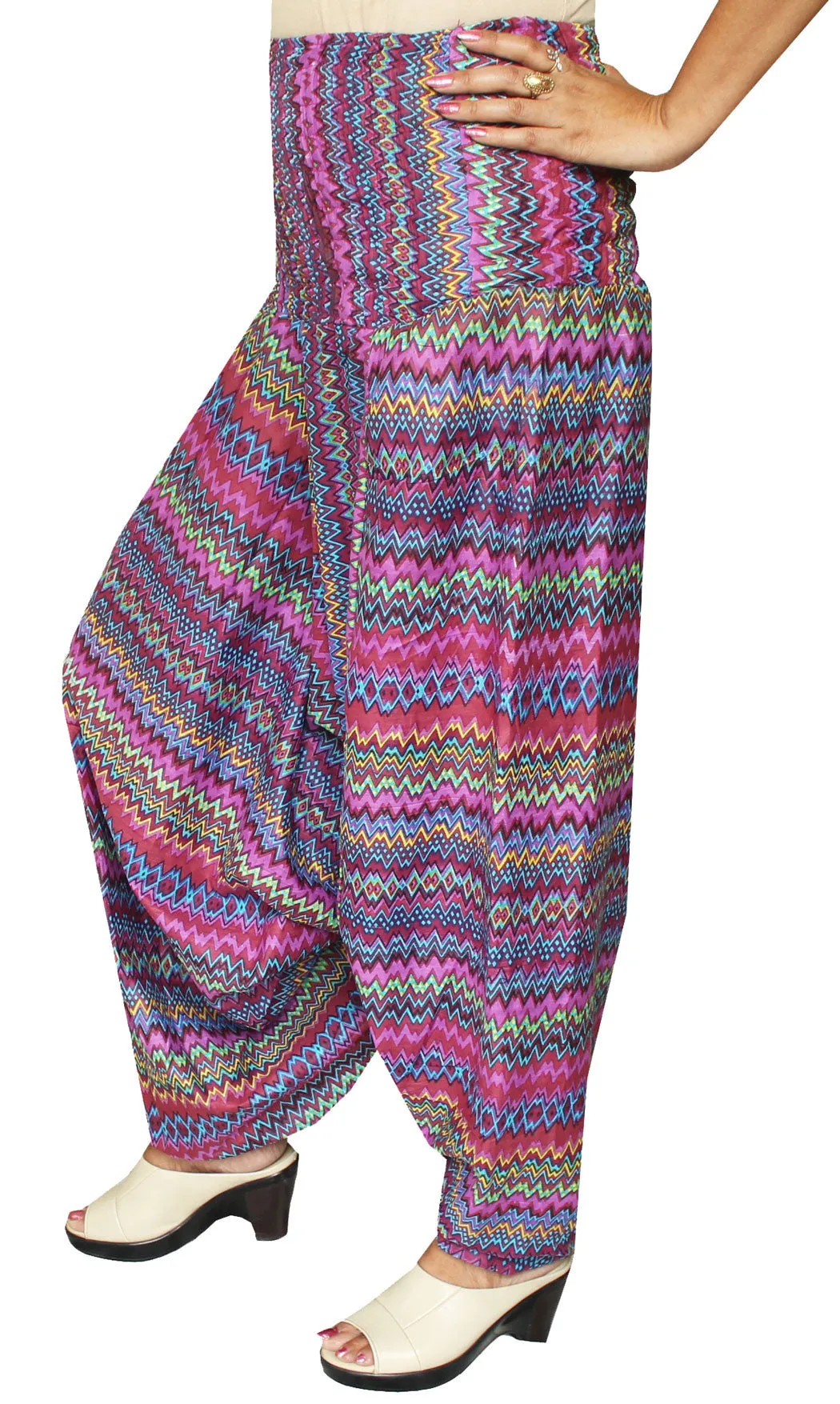 Womens Smocked Waist Hippie Rayon Harem Pants (Multicolor)