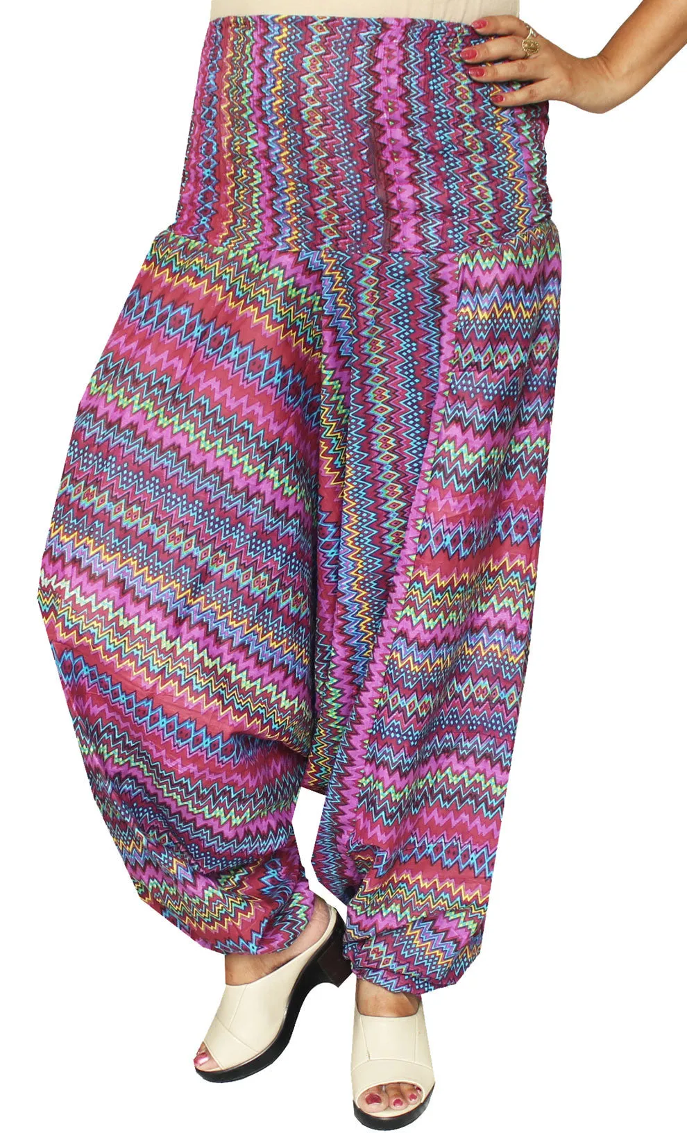 Womens Smocked Waist Hippie Rayon Harem Pants (Multicolor)