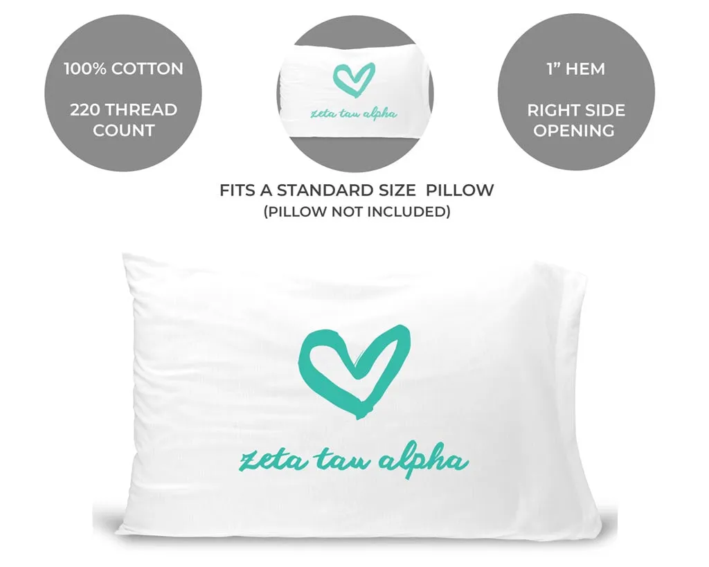 Zeta Tau Alpha Sorority Name with Heart Design on Printed Pillowcase